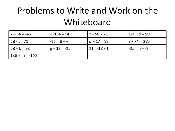 Problems to Write and Work on the Whiteboard x – 34 = -46 x
