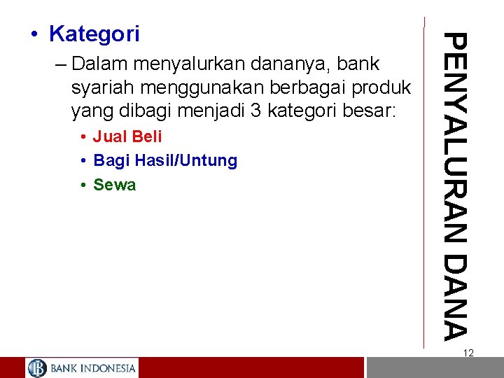 – Dalam menyalurkan dananya, bank syariah menggunakan berbagai produk yang dibagi menjadi 3 kategori
