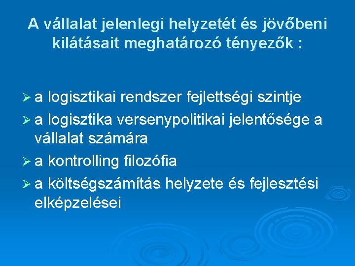 A vállalat jelenlegi helyzetét és jövőbeni kilátásait meghatározó tényezők : Ø a logisztikai rendszer