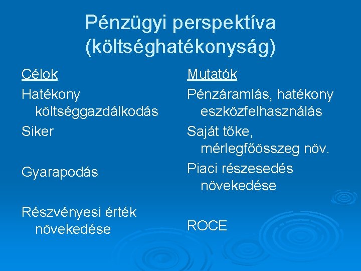 Pénzügyi perspektíva (költséghatékonyság) Célok Hatékony költséggazdálkodás Siker Gyarapodás Részvényesi érték növekedése Mutatók Pénzáramlás, hatékony