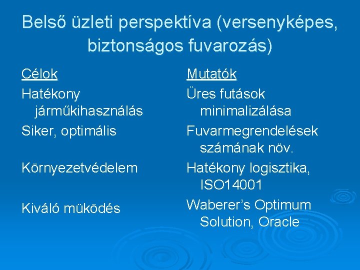 Belső üzleti perspektíva (versenyképes, biztonságos fuvarozás) Célok Hatékony járműkihasználás Siker, optimális Környezetvédelem Kiváló müködés