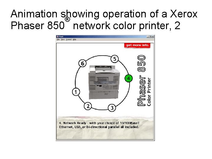 Animation showing operation of a Xerox ® Phaser 850 network color printer, 2 