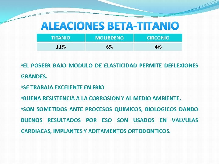 ALEACIONES BETA-TITANIO MOLIBDENO CIRCONIO 11% 6% 4% • EL POSEER BAJO MODULO DE ELASTICIDAD