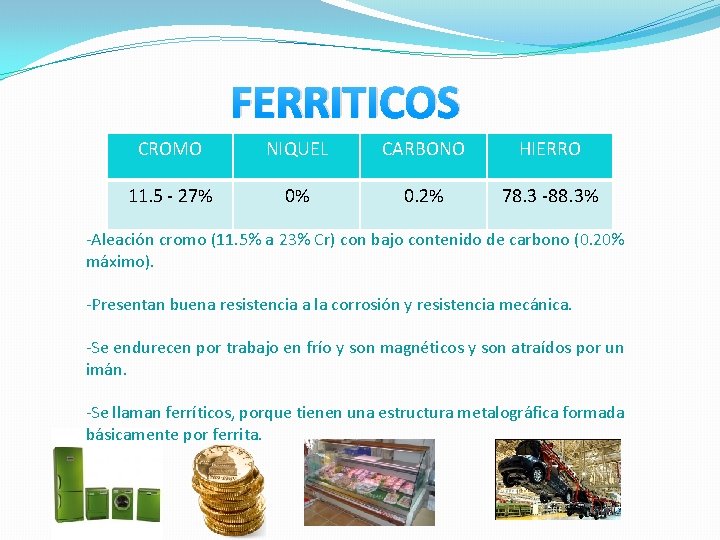FERRITICOS CROMO NIQUEL CARBONO HIERRO 11. 5 - 27% 0% 0. 2% 78. 3