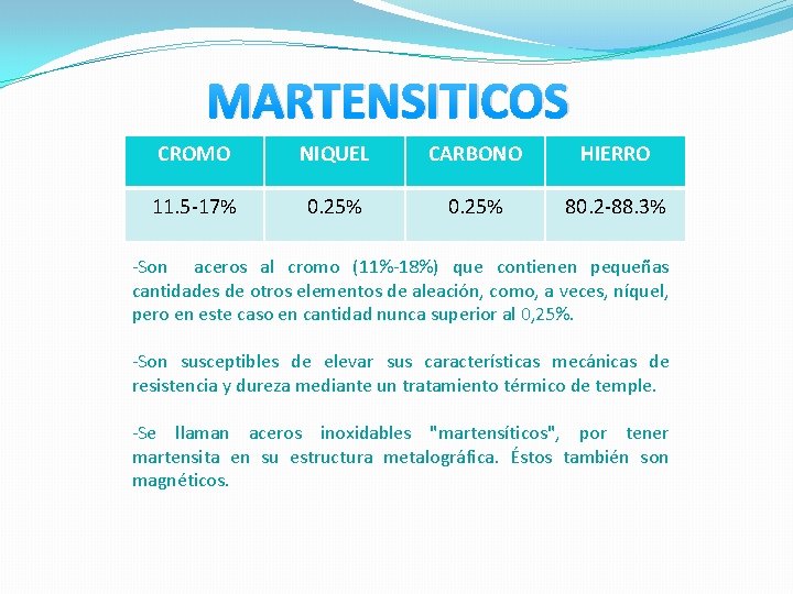 MARTENSITICOS CROMO NIQUEL CARBONO HIERRO 11. 5 -17% 0. 25% 80. 2 -88. 3%