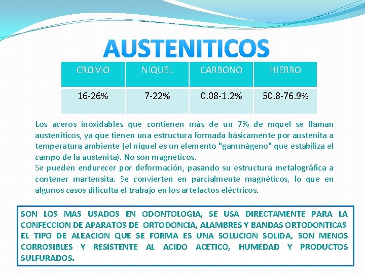 AUSTENITICOS CROMO NIQUEL CARBONO HIERRO 16 -26% 7 -22% 0. 08 -1. 2% 50.
