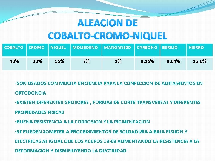 ALEACION DE COBALTO-CROMO-NIQUEL COBALTO CROMO NIQUEL MOLIBDENO MANGANESO CARBONO 40% 20% 15% 7% 2%