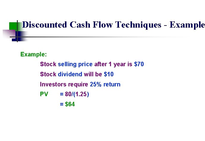 Discounted Cash Flow Techniques - Example: Stock selling price after 1 year is $70