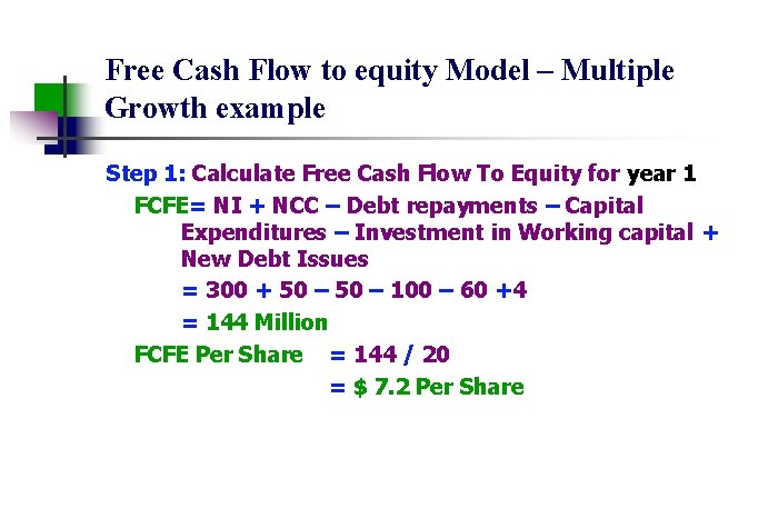 Free Cash Flow to equity Model – Multiple Growth example Step 1: Calculate Free