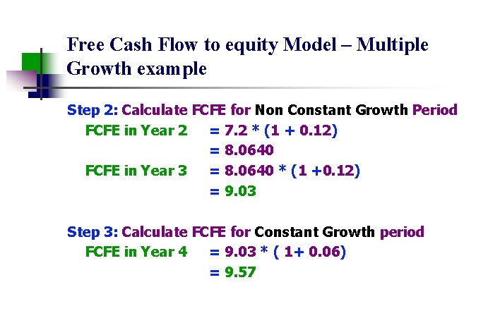 Free Cash Flow to equity Model – Multiple Growth example Step 2: Calculate FCFE