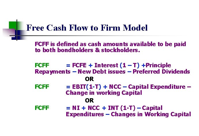 Free Cash Flow to Firm Model FCFF is defined as cash amounts available to