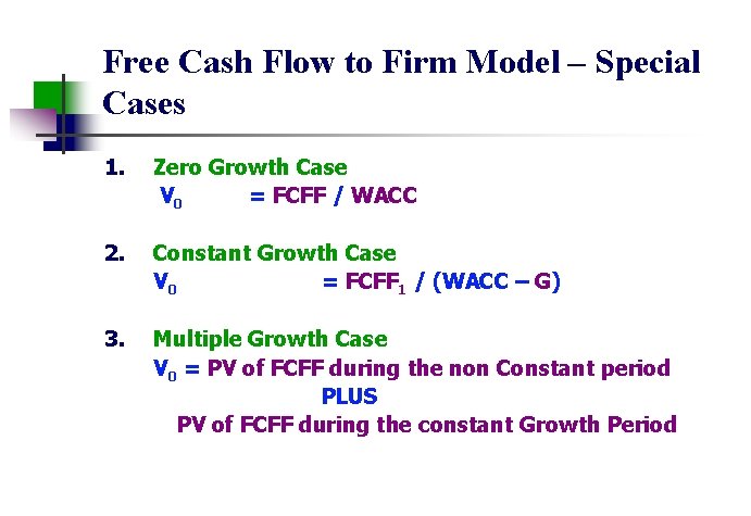 Free Cash Flow to Firm Model – Special Cases 1. Zero Growth Case V