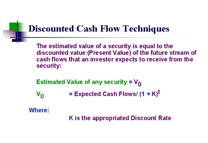 Discounted Cash Flow Techniques The estimated value of a security is equal to the