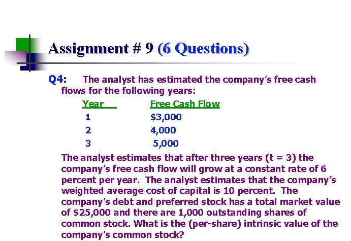 Assignment # 9 (6 Questions) Q 4: The analyst has estimated the company’s free