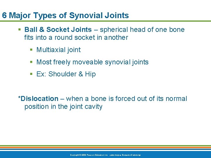 6 Major Types of Synovial Joints Ball & Socket Joints – spherical head of