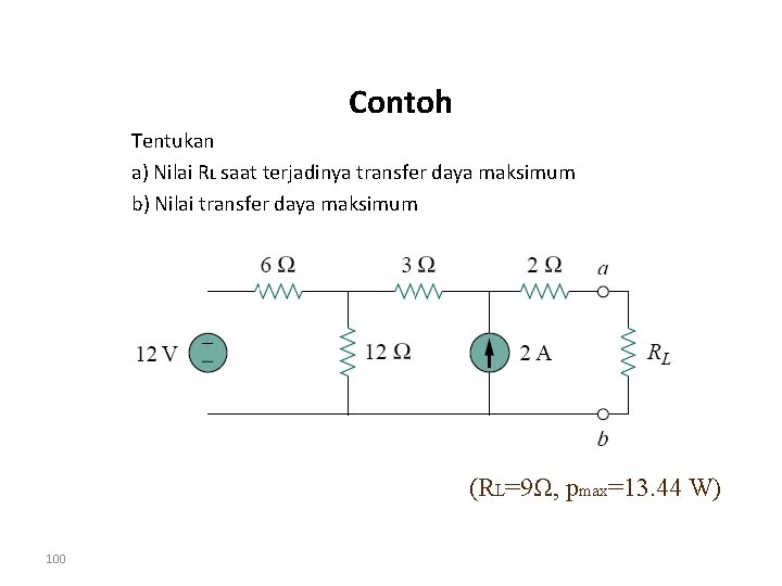 Contoh Tentukan a) Nilai RL saat terjadinya transfer daya maksimum b) Nilai transfer daya