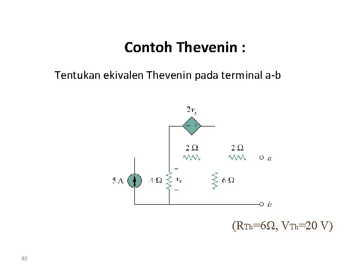 Contoh Thevenin : Tentukan ekivalen Thevenin pada terminal a-b (RTh=6Ω, VTh=20 V) 40 