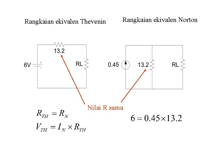 Rangkaian ekivalen Thevenin Rangkaian ekivalen Norton Nilai R sama 