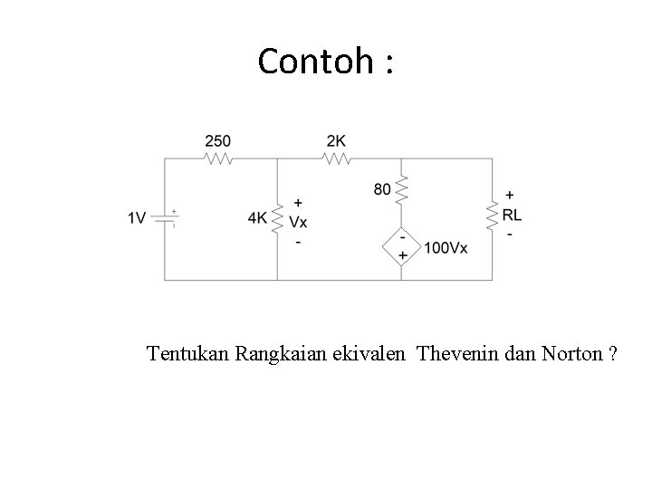 Contoh : Tentukan Rangkaian ekivalen Thevenin dan Norton ? 