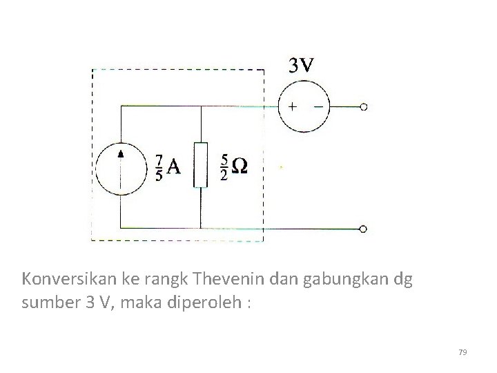 Konversikan ke rangk Thevenin dan gabungkan dg sumber 3 V, maka diperoleh : 79