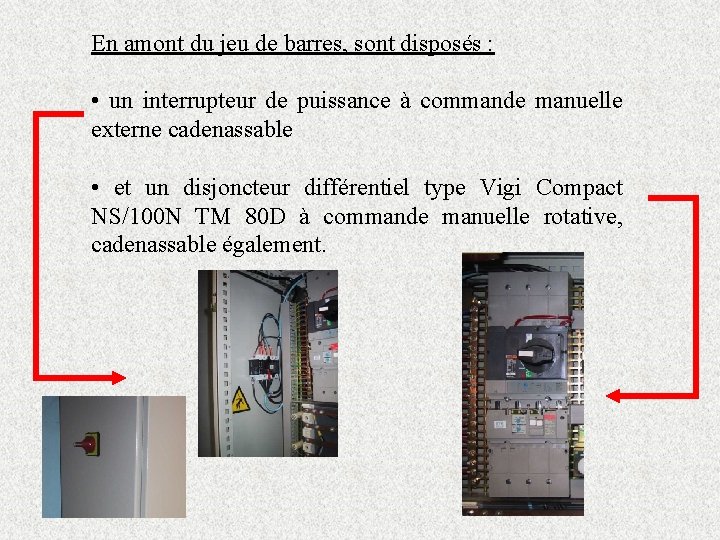 En amont du jeu de barres, sont disposés : • un interrupteur de puissance
