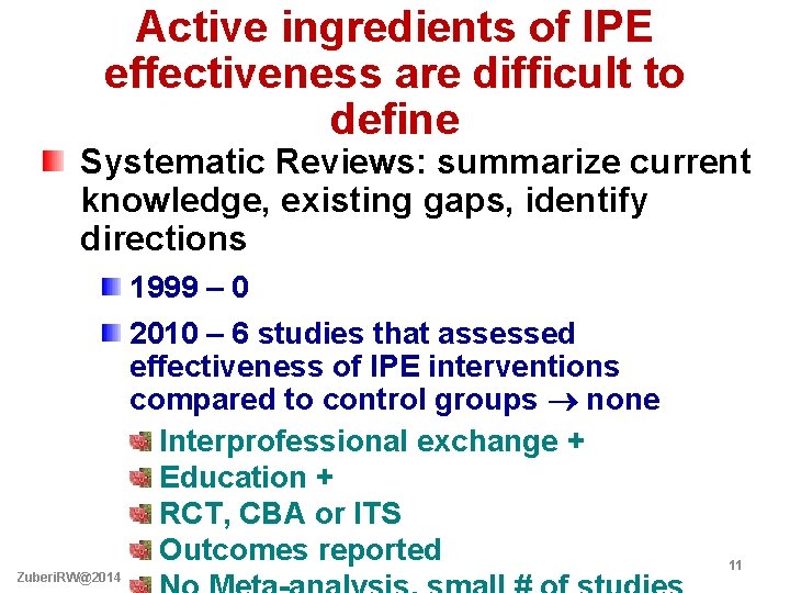Active ingredients of IPE effectiveness are difficult to define Systematic Reviews: summarize current knowledge,