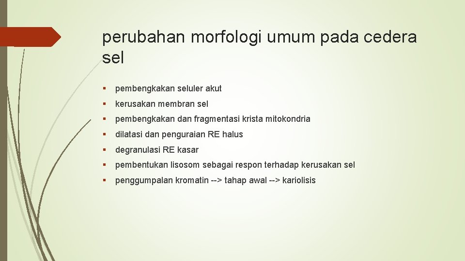 perubahan morfologi umum pada cedera sel § pembengkakan seluler akut § kerusakan membran sel