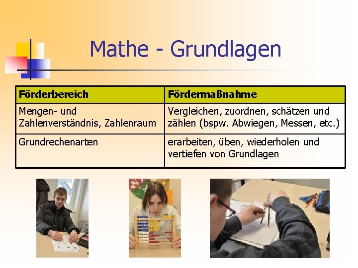 Mathe - Grundlagen Förderbereich Fördermaßnahme Mengen- und Zahlenverständnis, Zahlenraum Vergleichen, zuordnen, schätzen und zählen