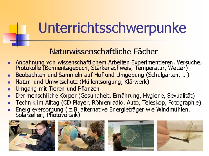 Unterrichtsschwerpunke Naturwissenschaftliche Fächer n n n n Anbahnung von wissenschaftlichem Arbeiten Experimentieren, Versuche, Protokolle