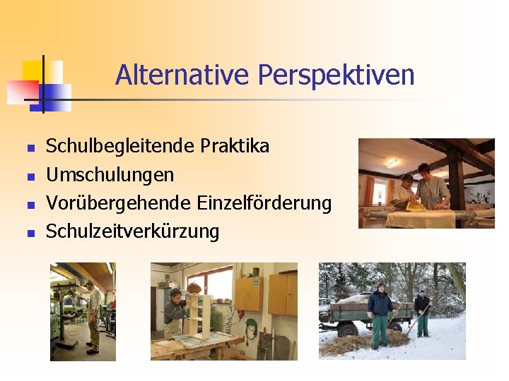 Alternative Perspektiven n n Schulbegleitende Praktika Umschulungen Vorübergehende Einzelförderung Schulzeitverkürzung 