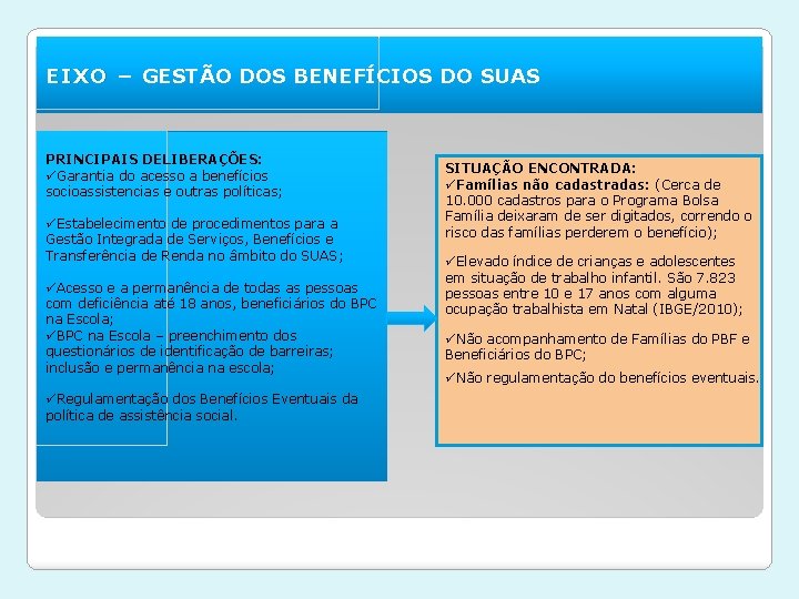 EIXO – GESTÃO DOS BENEFÍCIOS DO SUAS PRINCIPAIS DELIBERAÇÕES: üGarantia do acesso a benefícios