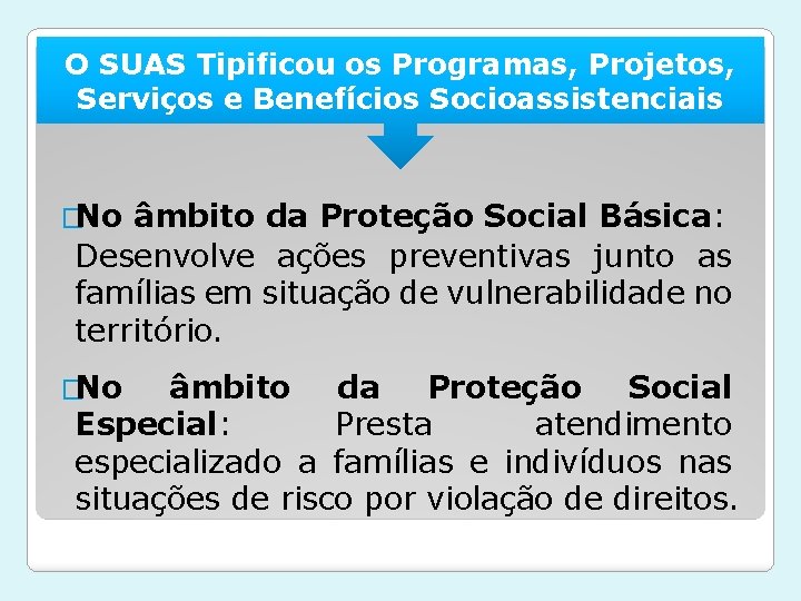 O SUAS Tipificou os Programas, Projetos, Serviços e Benefícios Socioassistenciais �No âmbito da Proteção