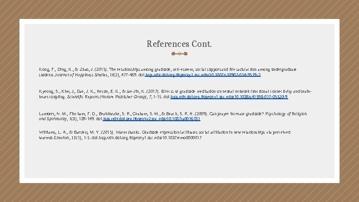 References Cont. Kong, F. , Ding, K. , & Zhao, J. (2015). The relationships