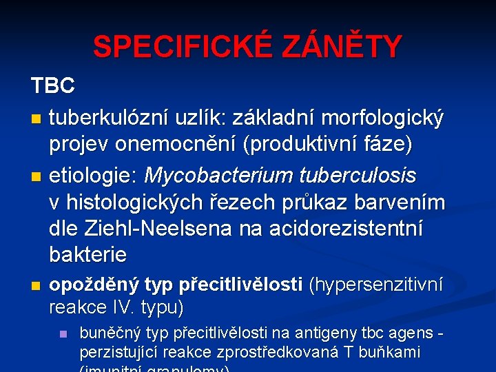 SPECIFICKÉ ZÁNĚTY TBC n tuberkulózní uzlík: základní morfologický projev onemocnění (produktivní fáze) n etiologie: