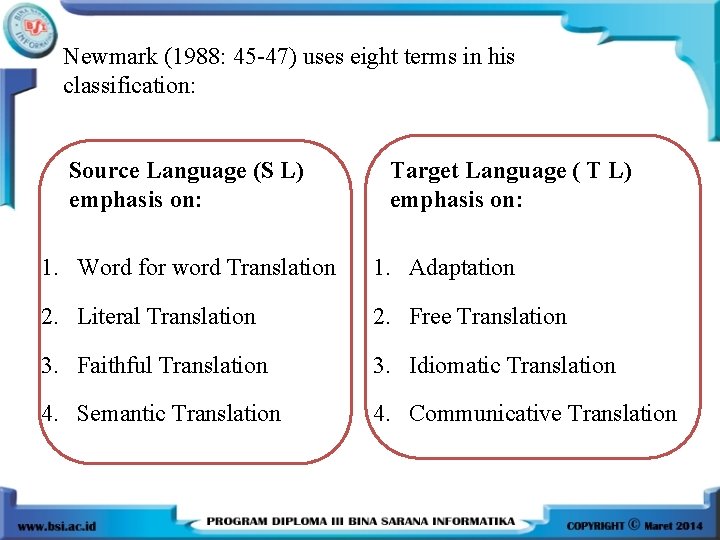 Newmark (1988: 45 -47) uses eight terms in his classification: Source Language (S L)