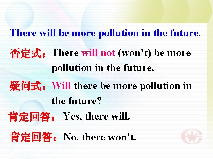 There will be more pollution in the future. 否定式：There will not (won’t) be more