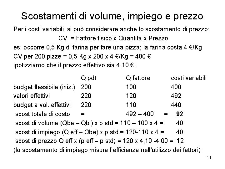 Scostamenti di volume, impiego e prezzo Per i costi variabili, si può considerare anche