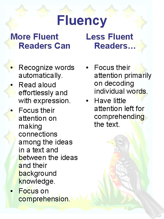 Fluency More Fluent Readers Can Less Fluent Readers… • Recognize words automatically. • Read
