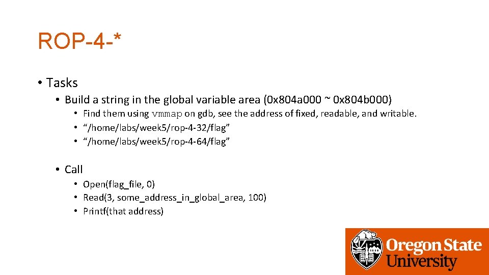 ROP-4 -* • Tasks • Build a string in the global variable area (0