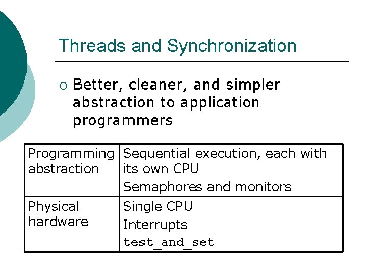 Threads and Synchronization ¡ Better, cleaner, and simpler abstraction to application programmers Programming Sequential