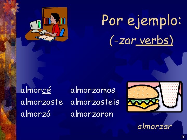 Por ejemplo: (-zar verbs) almorcé almorzamos almorzasteis almorzó almorzaron almorzar 20 