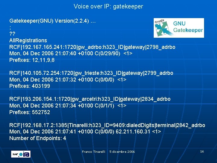 Voice over IP: gatekeeper Gatekeeper(GNU) Version(2. 2. 4) … ; ? ? All. Registrations