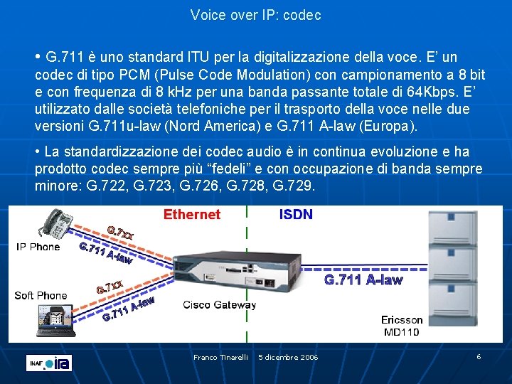 Voice over IP: codec • G. 711 è uno standard ITU per la digitalizzazione