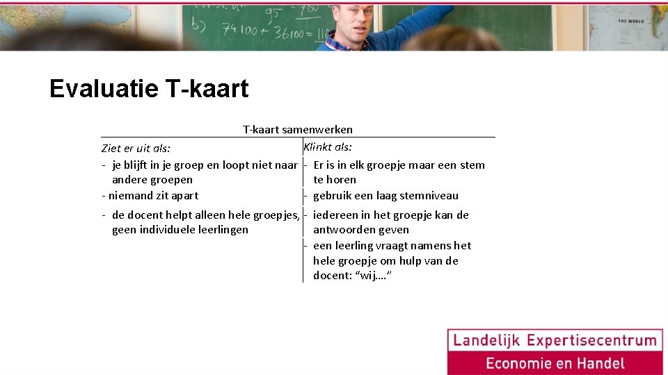 Evaluatie T-kaart samenwerken Klinkt als: Ziet er uit als: - je blijft in je