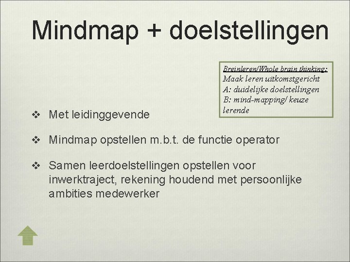 Mindmap + doelstellingen Breinleren/Whole brain thinking: v Met leidinggevende Maak leren uitkomstgericht A: duidelijke