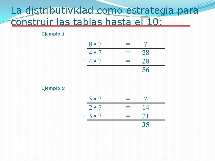 La distributividad como estrategia para construir las tablas hasta el 10: Ejemplo 1 Ejemplo