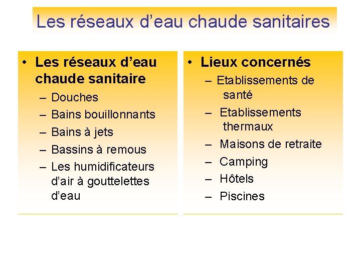 Les réseaux d’eau chaude sanitaires • Les réseaux d’eau chaude sanitaire – – –