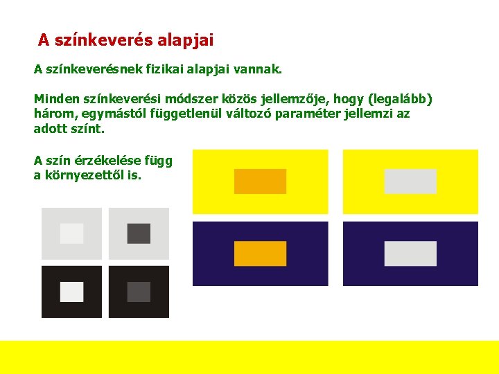 A színkeverés alapjai A színkeverésnek fizikai alapjai vannak. Minden színkeverési módszer közös jellemzője, hogy A színkeverés alapjai A színkeverésnek fizikai alapjai vannak. Minden színkeverési módszer közös jellemzője, hogy