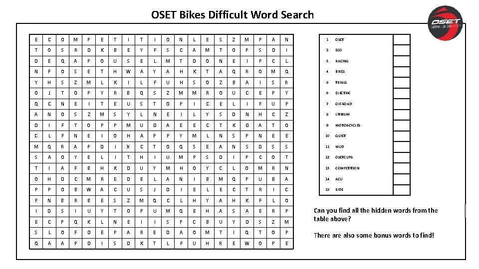 OSET Bikes Difficult Word Search E C O M P E T I O