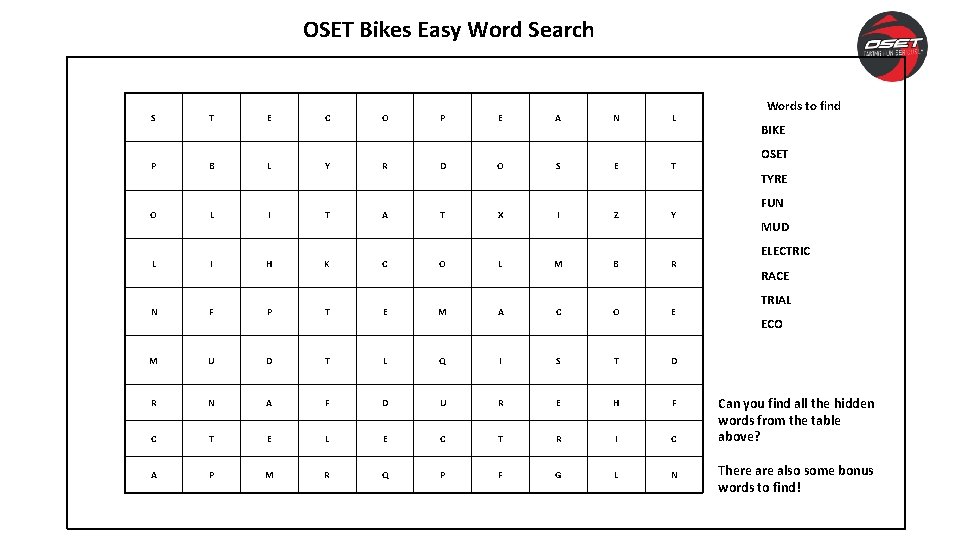 OSET Bikes Easy Word Search S T E C O P E A N